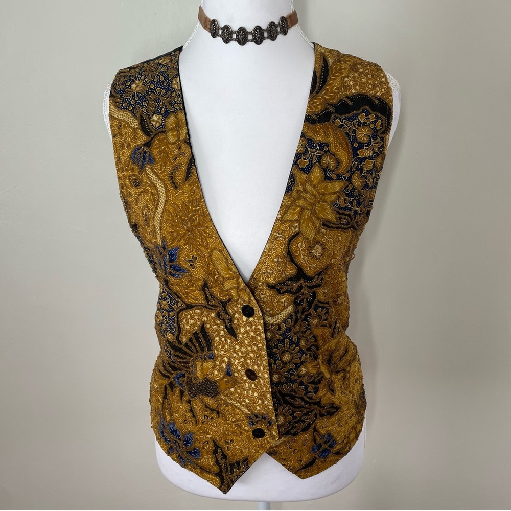 Vintage Casual Corner Batik Print Beaded Sleeveless Top Vest L